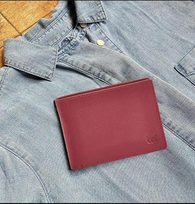 Real Leather Mens Bifold Wallet RFID Blocking Slim Minimalist Front Pocket - Thin & Stylish with ID Window in Gift Box (Nappa, Red)