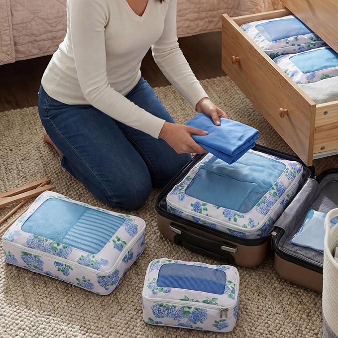 Shinylin 3 Set Blue Floral Compression Packing Cubes for Travel Small Medium Large Luggage Packing Organizers Toiletries Bag for Cosmetics Clothing Accessories Shoes Bags Women Men