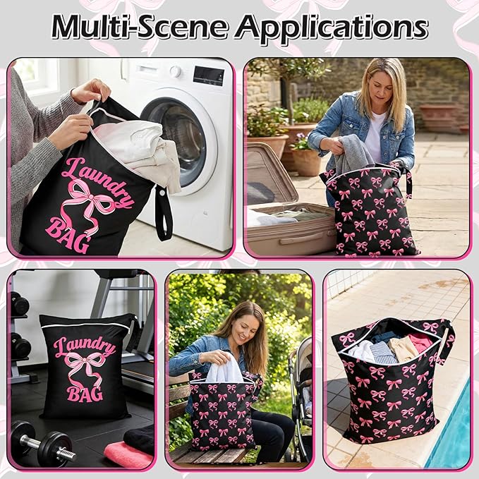2 Pcs Large Travel Laundry Bags Waterproof Wet Dry Bag, Washable Dirty Clothes Bags for Travel,Drawstring, Bathing Suit, Workout, Gym Clothes Laundry, Swimming Pool & College Dorm, Black Bow