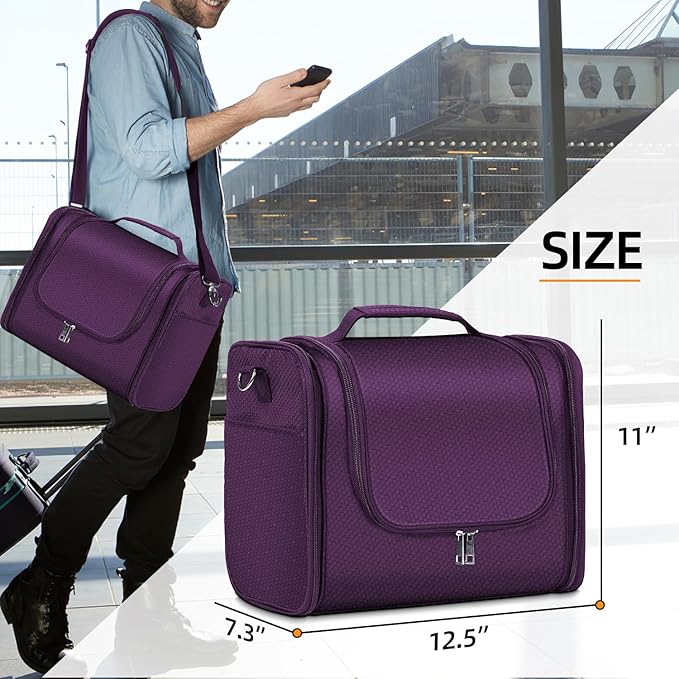 Buruis Extra Large Toiletry Bag for Women and Men, Hanging Travel Bag with Detachable Shoulder Strap for Full-Sized Toiletries, Water-Resistant Dopp Kit for Family Use and Long Trips, Purple