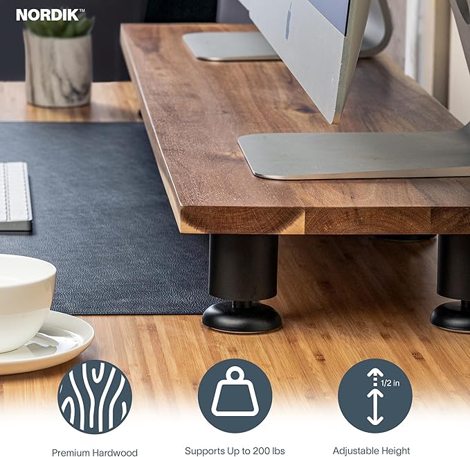 Nordik Large Dual Monitor Riser for 2 - 42.5 Inch Premium Handmade Hardwood Acacia Computer - Wood Shelf Desk Organizer Television - Laptop TV Stand with Storage Organizer for Desk Accessories (Brown)