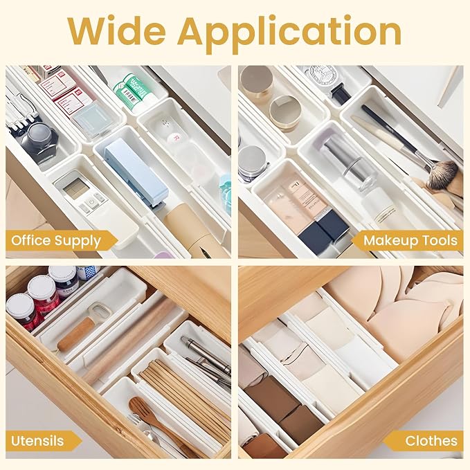 Drawer Organizers Set | 4-Pack Expandable Drawer Dividers for Bedroom, Bathroom, Kitchen & Office | Plastic Drawer Trays with Adjustable Length (White)