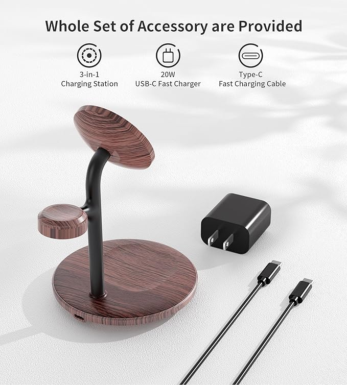 XooFly 3 in 1 Wireless Charging Station for Apple Devices, Fast Wireless Mag-Safe Charger Stand with 20W Adapter for iPhone 17/16 15 14 13 12 Pro Max/Pro/Plus/Air/Mini,iWatch,AirPods,Brown Wood Grain