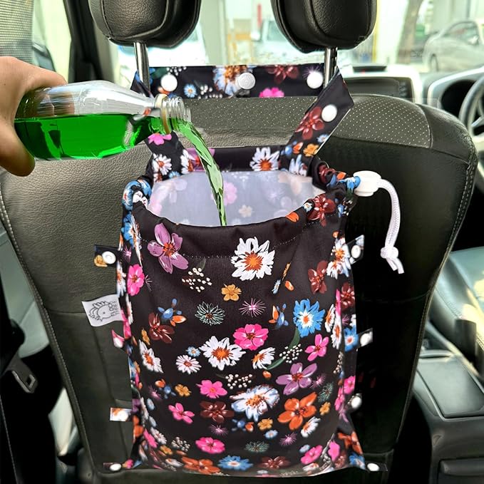 FLOCK THREE Leak-Proof Waterproof Car Trash Bag Foldable Multipurpose Trash bin Container Storage Cute Grocery Organizer Bag for Automotive Front or Back Seat in Cars SUVs and Trucks (Small Flowers)