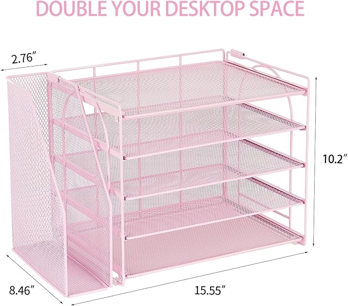 AUPSEN Pink Desk Organizers and Accessories, 5-Tier Desktop Paper File Organizer with Removable File Holder, Desk Accessories & Workspace Organization for Home Office Supplies (Pink)