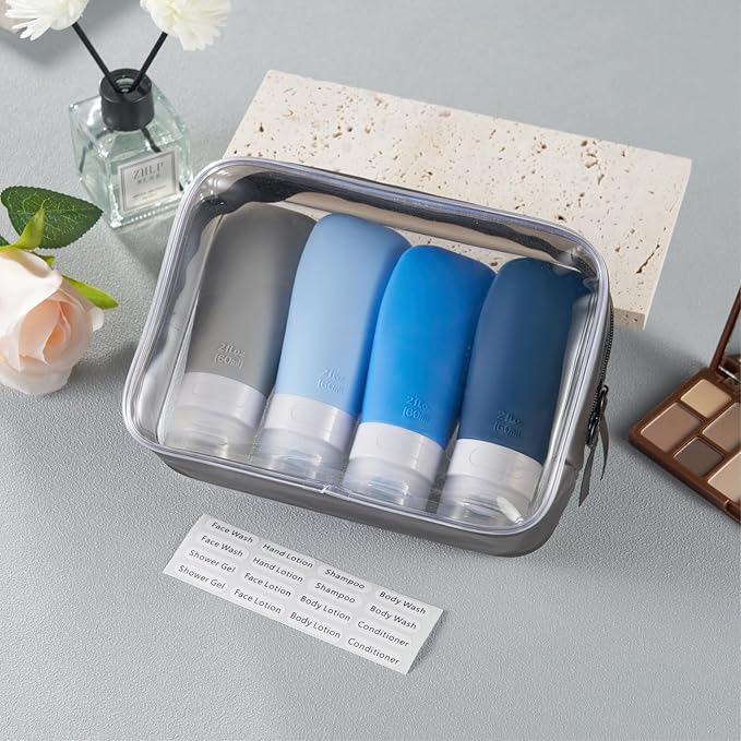 INSFIT Travel Bottles for Toiletries, TSA Approved 3oz Travel Size Containers, BPA Free Leak Proof Squeezable Silicone Tubes for Shampoo Conditioner Lotion Body Wash with Labels