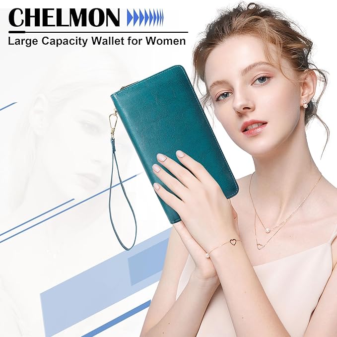 Chelmon Women's Vegan Leather Clutch Wallet with Zip, Hand Strap, Large Capacity