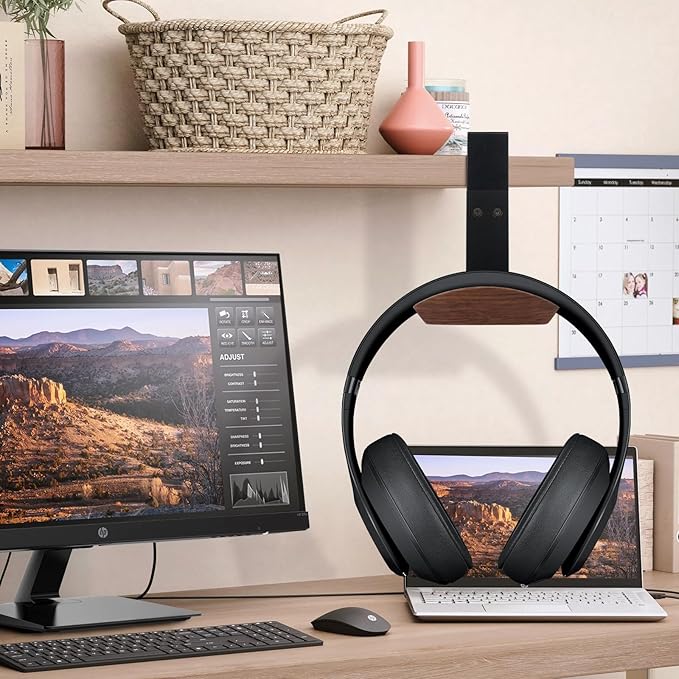 Headphone Holder Walnut Wood & Solid Metal Headset Hanger Stand for Desk Adjustable Design Ideal Headphone Stand for All Headphone Sizes