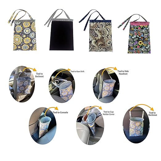 Car Trash Bag Hanging Front Seat Back Seat Headrest Console - Car Trash Bin with Reusable Waterproof Liner and Disposable Bags - Car Waste Basket (Small Black)