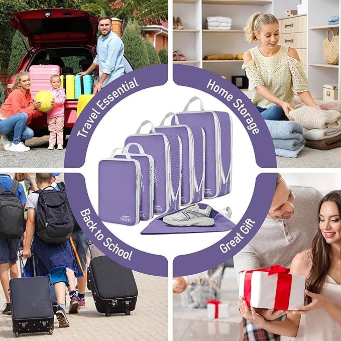 6 Set Compression Packing Cubes, Suitcase Organizer, Lightweight Travel Essentials, Compression Bags For Travel Accessories Luggage Storage Set (6Pcs, Purple)