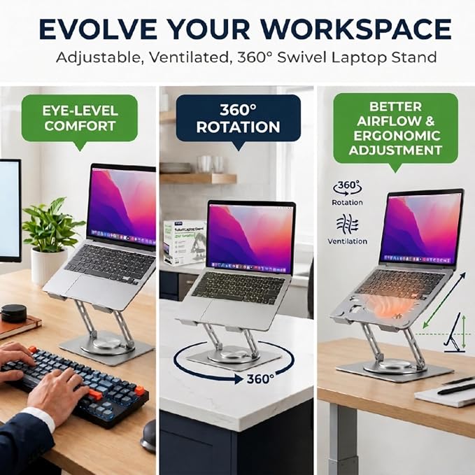 Uncaged Ergonomics Swivel Laptop Stand for Desk, Adjustable Computer iPad Stand for Desk w/ 360 Rotation, Portable Laptop Holder for Home Office Ergonomic Supplies (Arctic Silver)