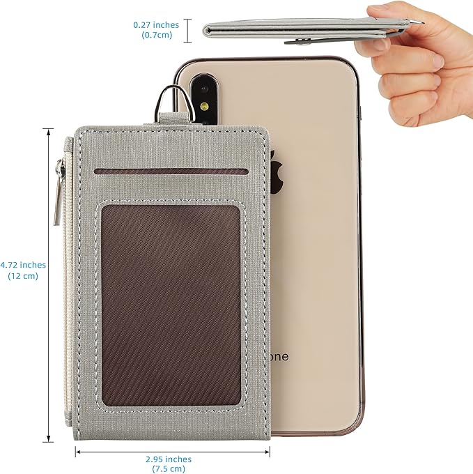 Women & Men Keychain Card Holder Case Zipper Slim Minimalist Front Pocket Wallet with 2 ID Window, Grey