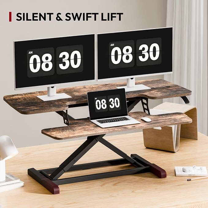 SANODESK 42" Extra Large Standing Desk Converter, Effortless Lift Sit-Stand Riser, Heavy Duty Multi-Device Workstation, Spacious Ergonomic Desktop Riser, Rustic Brown