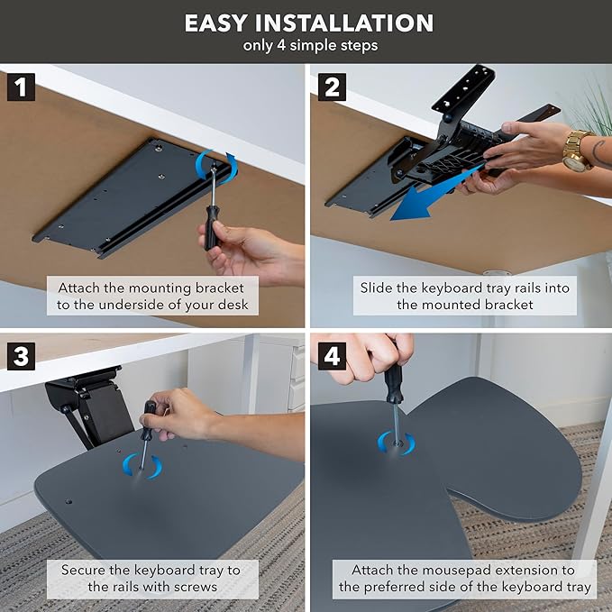 Mount-It! Under Desk Keyboard Tray, Adjustable Slide-Out Keyboard & Mouse Platform, 20.5" W × 11" D, Ergonomic Wrist Rest, Tilt & Swivel, Heavy-Duty Bolt-On Keyboard Drawer for Home Office, Blue