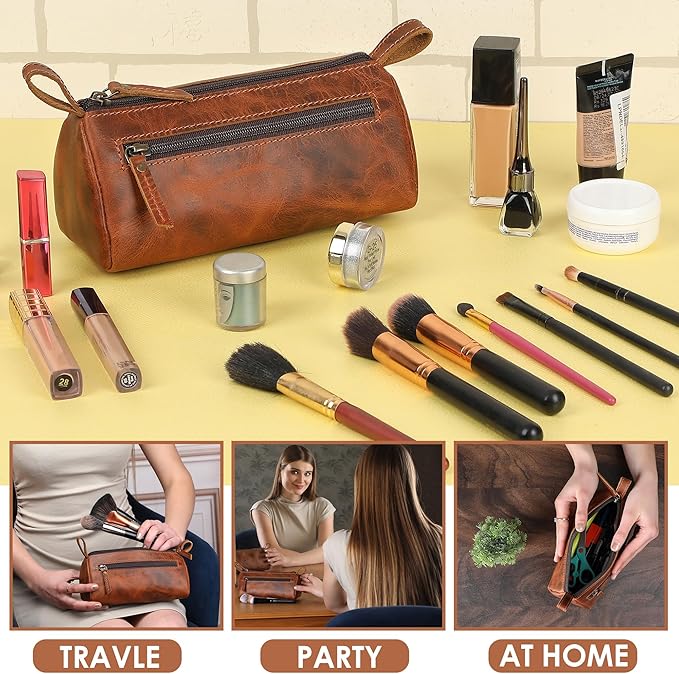 Leather Makeup Bag for Women – Genuine Leather Cosmetic Bag Travel, Handmade Zippered Makeup Pouch, Small Toiletry Bag, Shaving Kit & Stationery Organizer- Tan