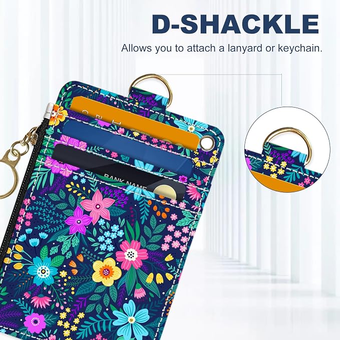 Slim Wallet Credit Card Holder, Purple Floral Print X, RFID Wallet Women Cute Small Front Pocket Wallet With Zipper, PU Leather Thin travel RFID Blocking Card Case ID Window,Ladies Gifts