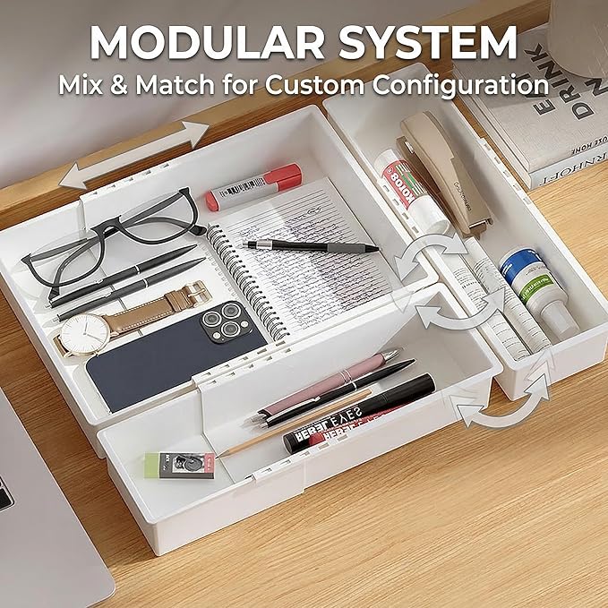 Expandable Drawer Organizer for Kitchen, Bathroom & Office – Adjustable Plastic Storage Tray for Utensils, Makeup, Cutlery, Desk Supplies – BPA-Free, Stackable, No Assembly Required (3 PCS)