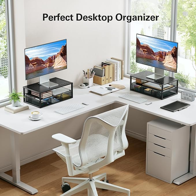 HUANUO 2 Pack Monitor Stand for Desk, 2-Tier Metal Monitor Stand Riser