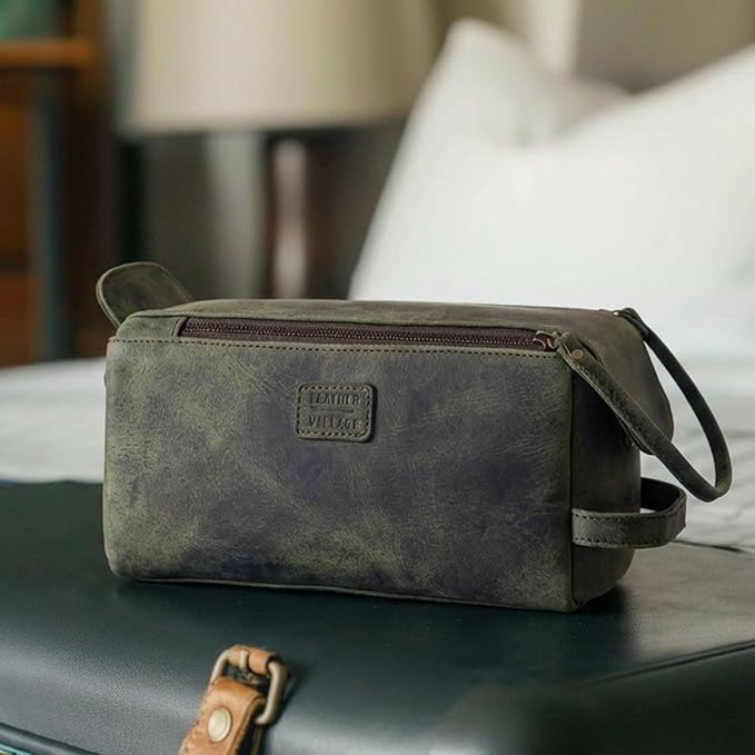 LEATHER VILLAGE Genuine Leather Travel Toiletry Bag - Water-Resistant Dopp Kit for Toiletries, Large Shaving Bag & Bathroom Organizer - Gift for Men & Women - Olive