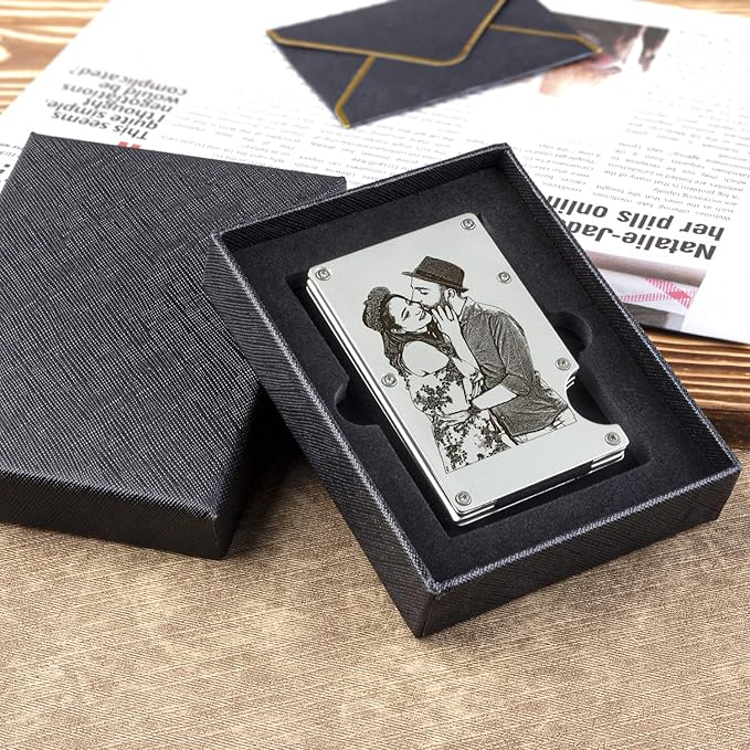 awofer Photo Wallet for Men Custom Wallet Engraved Card Holder Personalized Gifts for Him Aluminum Picture Wallets with Money Clip Gifts for Husband Boyfriend Dad Son Grandpa Groomsmen