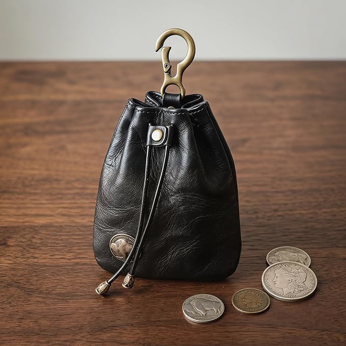 PU Drawstring Coin Purse, Vintage Faux Leather Pouch with Antique Brass Clasp, Portable Drawstring Coin Bag for Coins/Cash/Small Essentials(Black)