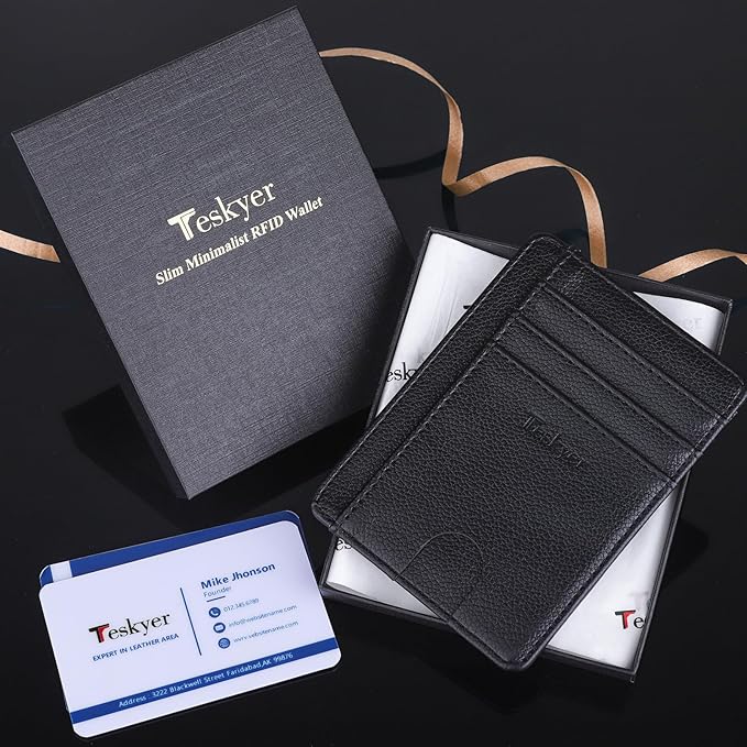 Teskyer Slim Wallet for Men, Minimalist Front Pocket RFID Blocking Leather Wallet Credit Card Holder for Men & Women