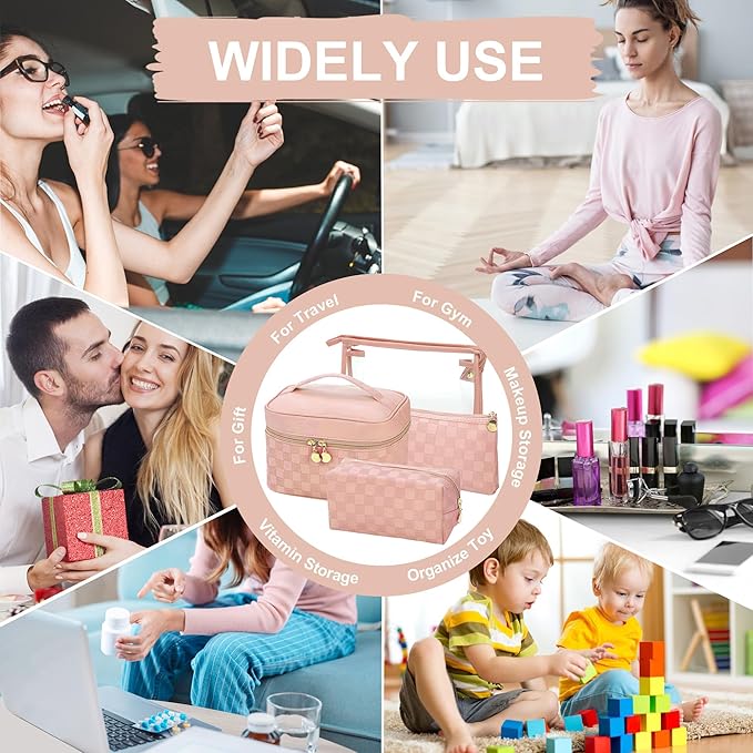 Checkered Makeup Bag 4 Pcs Waterproof Cosmetic Bag Set Portable Travel Cosmetic Bag Multifunction Organizer Storage Bag Toiletry Bag forWomen and Girls (PINK)