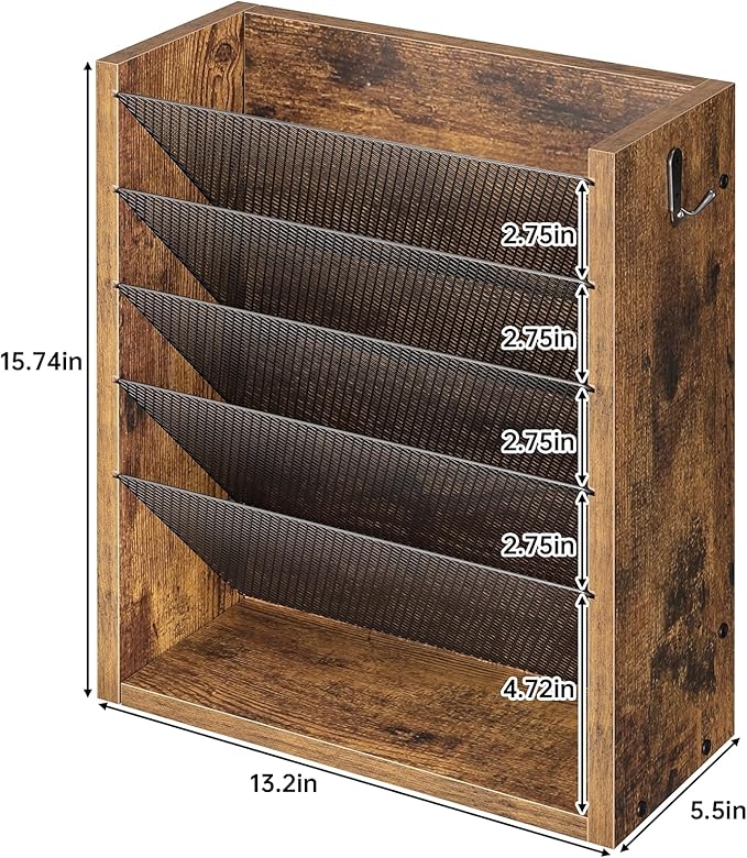 Mail Organizer Wall Mounted, 6-Tier Wall File Organizer with 2 Hooks, Wooden Desk Organizer Magazine Holder with Bottom Flat Tray, for Office Home, Rustic Brown