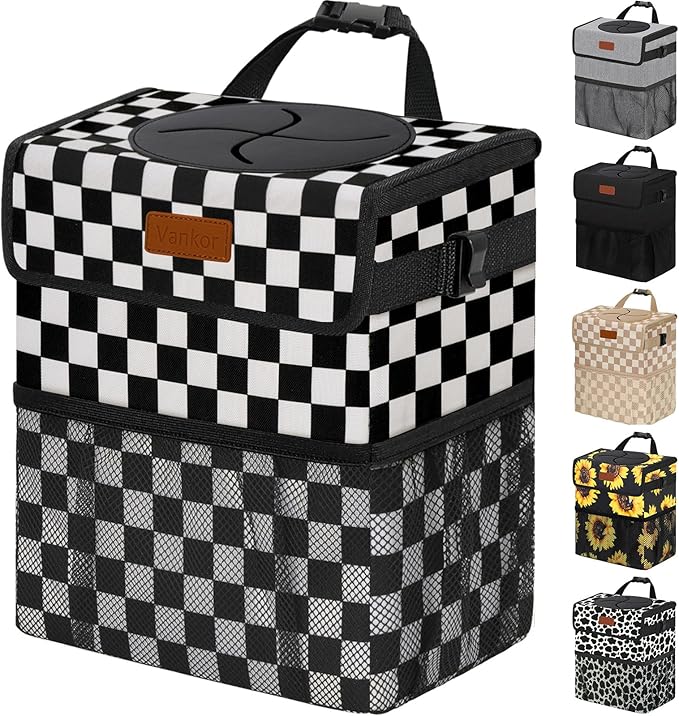 Vankor 3 Gallons Car Trash Can with Lid, Bag Bin Hanging Waterproof Automotive Car Garbage Cans Leak Proof Vehicle Trash Can for Truck SUV, Black White Checkered