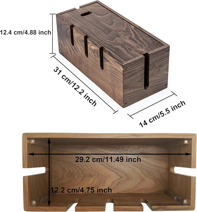 Elitzia Wood Cable Tidy Box Large Desk Cable Management Box Cord Wire Organiser for Hiding Messy Cables Wire Management Natural Walnut Wood Cables Storage Tidy Boxs for Home Salon SPA Office ETCHER02