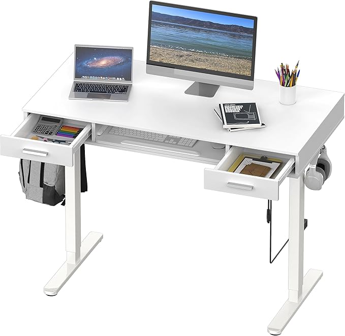 SHW 48-Inch Electric Height Adjustable Desk with Keyboard Tray and 2 Drawers, White