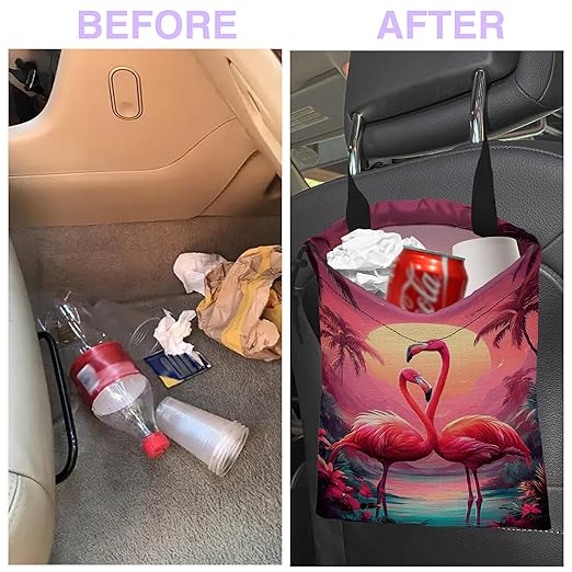 Car Trash Bag Pink Flamingo Car Trash Bin Leakproof Waterproof Car Trash Can for Back Seat, Foldable Car Garbage Bag with Adjustable Straps and Drawstring for Car Accessories