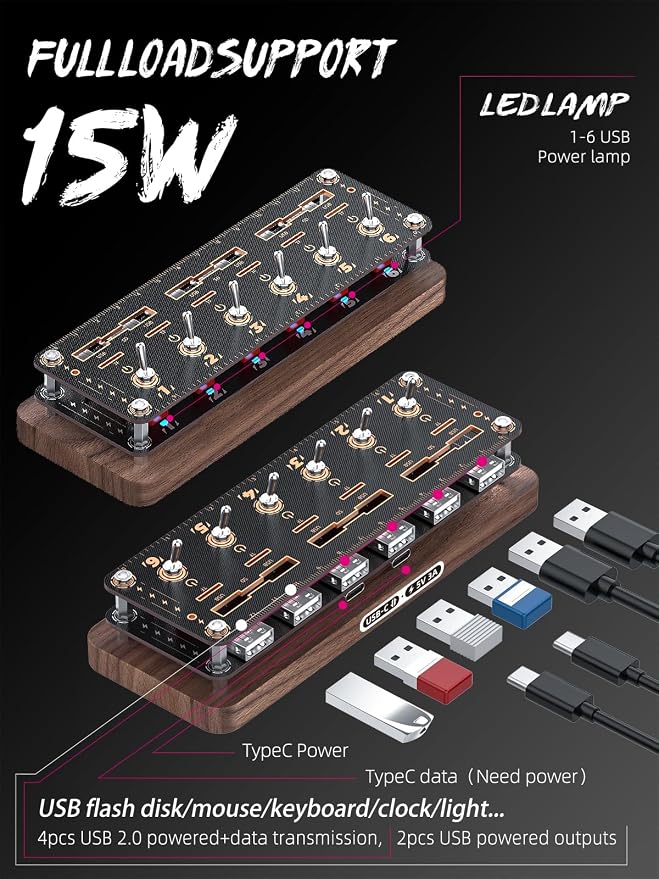Walnut Cyberpunk USB Docking Station for Independent Switch Control, 6 Port USB2.0 Hub,USB Splitter Expander,USB/SD/TF Card Storage Box,Retro USB Desktop PC Controller-F062