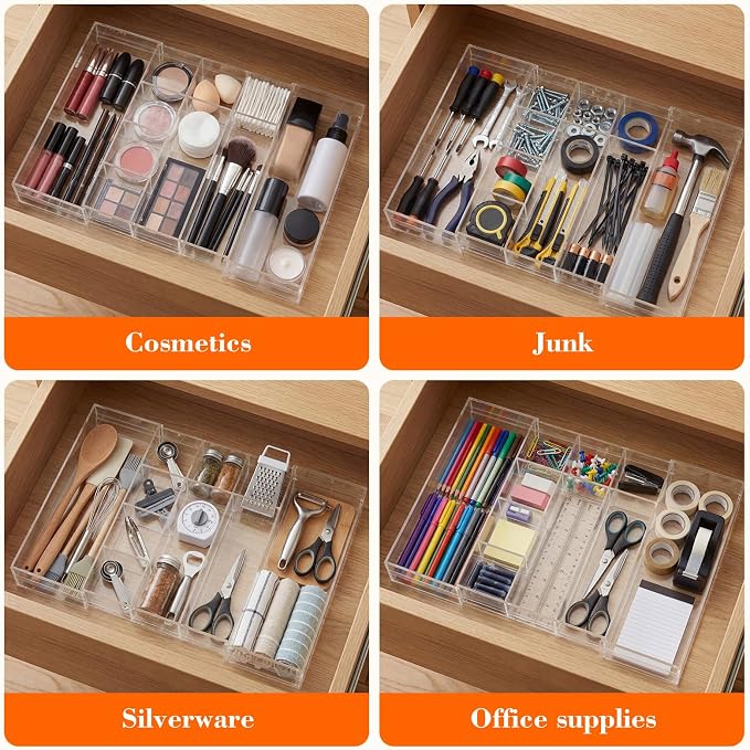 Briwooody 1 Pcs Acrylic Desk Drawer Organizer 9'' up to 16'' x 12'' x 2.2'' Expandable Drawer Organizer Trays with 10 Adjustable Compartments Clear Desk Accessories for Makeup Office Bathroom