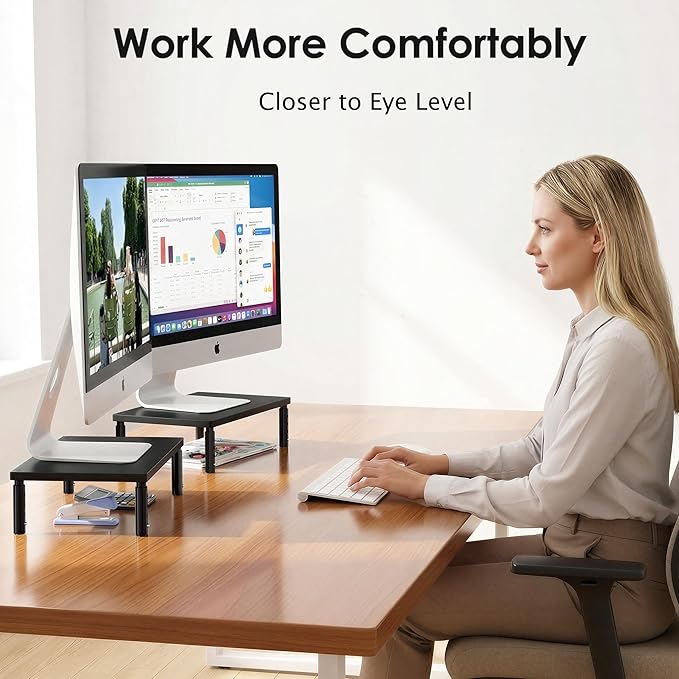 OPNICE Desk Organizers and Accessories, Adjustable Computer Monitor Stand Riser, Laptop Stand for Desk, Office Desk Accessories & Workspace Organizers for Home Office, Black Wood