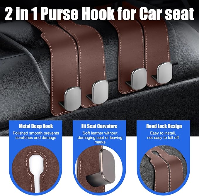 TwinHook Leather Car Headrest Hangers, Car Headrest Hooks for Purse and Bags, 2-in-1 Leather Car Seat Back Storage Hook, Anti-Slip Purse Holder for Car, Supports Up to 50 lbs (Brown-2 Pack)