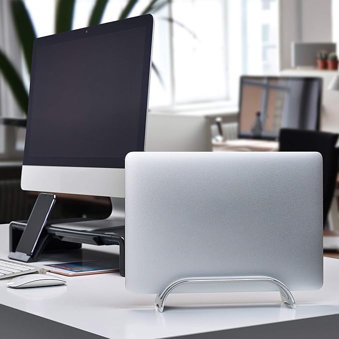 SIIG Aluminum Vertical Laptop Stand Holder, Desk Space Saving, Three Rubber Sizes 0.56", 0.64" & 0.72", Fits MacBook Pro, and Other Laptops to Organize Work & Home Office (CE-MT2R12-S2)