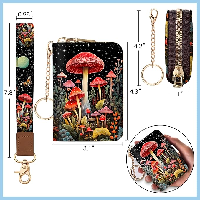 Blusabaca Credit Card Holder for Women, Mushroom Small RFID Blocking Wallet with Wristlet Strap, Keychain Zipper Wallet, Leather Card Case, Card Wallet Purse with Key Lanyard