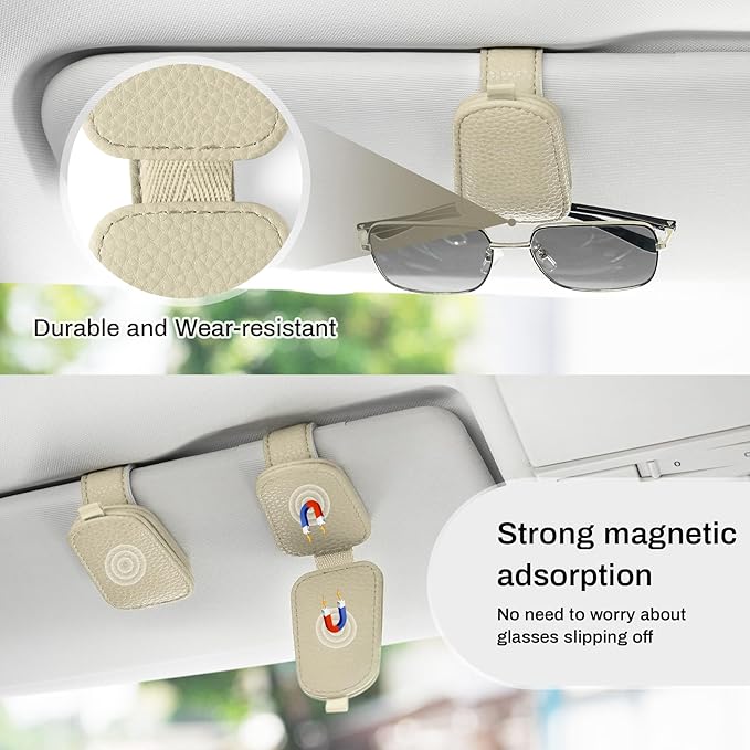 SINGARO Sunglasses Holder for Car, Leather Magnetic Buckle Sun Visor Sunglass Clip, Ticket Card Storage Glasses Clip, Car Interior Accessories for Men and Women(2PCS Beige)