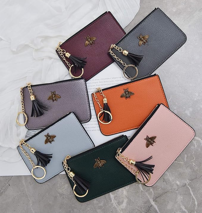 Women's Coin Purse Change Wallet Pouch Leather Card Holder with Key Chain Tassel Zip (Light Pink)