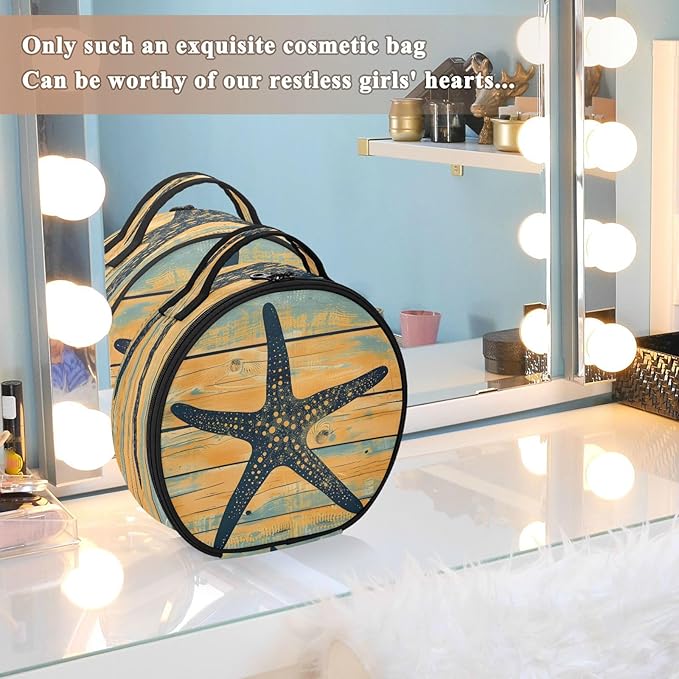 senya Round Cosmetic Pouch Travel Makeup Train Case Starfish Silhouette Makeup Organizer Bag with Adjustable Dividers Portable for Cosmetics Makeup Brushes Toiletry Jewelry Accessories