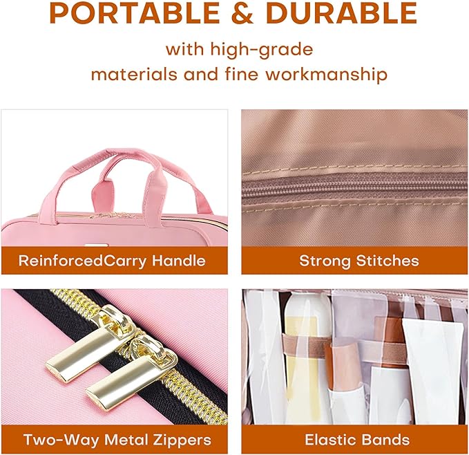 BAFAMYE Toiletry Bag Travel Bag with Hanging Hook, Water-Resistant Makeup Cosmetic Bag Organizer for Accessories, Full-Size Shampoo and Toiletries, Large, Light Pink, BAF-019