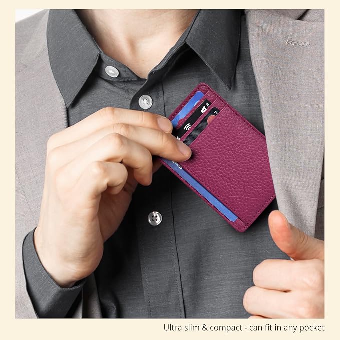 Oak Leathers Leather Slim Minimalist Wallet for Men & Women RFID Front Pocket Leather Card Holder Wallets (Dark Pink)