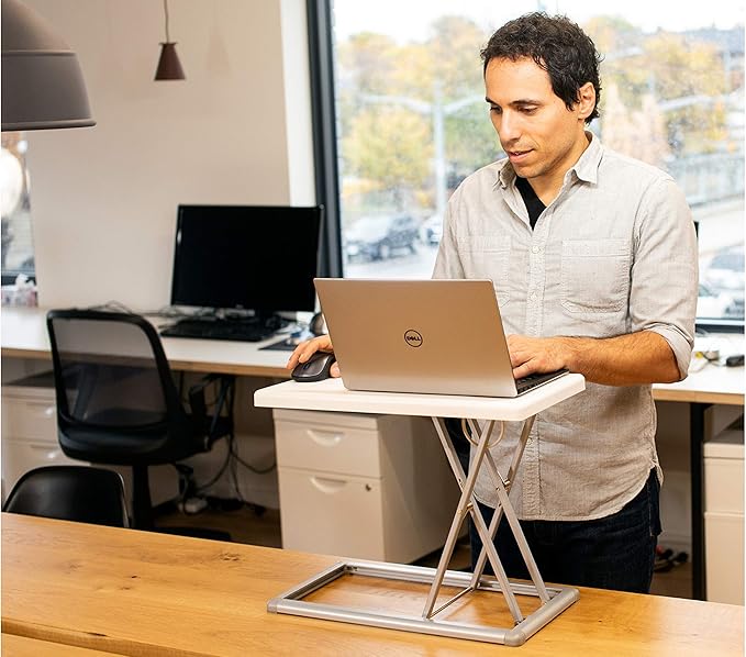 Rocelco 19" Portable Laptop Riser, Height Adjustable Travel Standing Desk Converter, Premium Compact Sit Standup Keyboard Monitor Rising Workstation with Carry Bag, White R PDRW