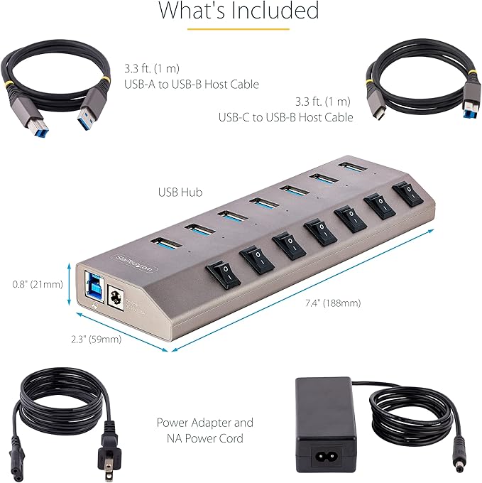 StarTech 7 Port Self-Powered USB C Hub with Individual On/Off Switches, USB 3.0 (5Gbps) Expansion Hub with Power Supply, Desktop Laptop USB-C to USB-A Splitter