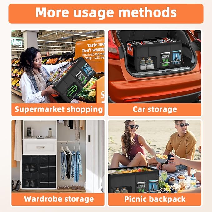 Car Trunk Organizer,Multiple Compartments Collapsible trunk organizer with Aluminum Alloy Handle and Lid, Car Organizer and Storage for SUV, Truck