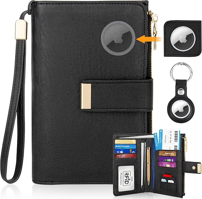 HUANLANG Passport Holder with Airtag for Women/Men, Airtag Passport Wallet for Travel Leather Passport Holder RFID Blocking,Travel Passport Walelt with Credit Card Holder