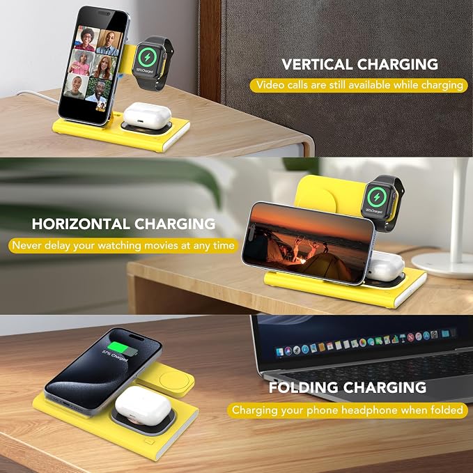 3 in 1 Charging Station for iPhone 17 - Wireless Charger for Apple Products for iPhone 17 16 15 14 13 12 11 Pro Max - Foldable Wireless Charging Station Dock Stand for iWatch Series & AirPods(Yellow)