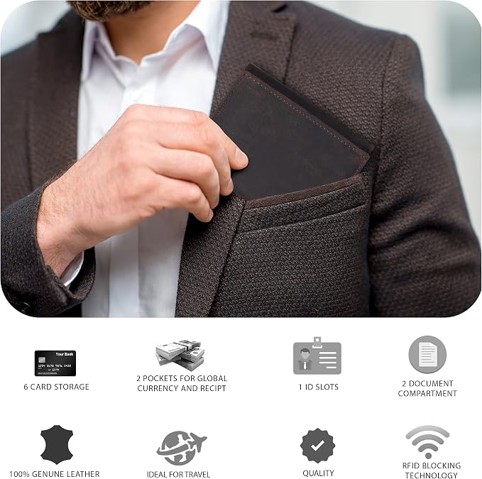 Tri fold Leather Wallet for Men with RFID | Slim Wallets for Men with 1 ID and 6 Credit card slots | Front Pocket Minimalist