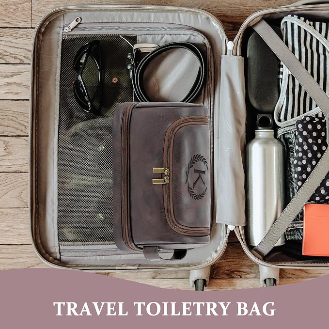 Personalized Graduation Gifts PU Leather Waterproof Toiletry Bag for Men Him, Unique Initials Mens Shaving Bag Cool Travel Essentials College Graduates Graduation Presents, Dark Brown L